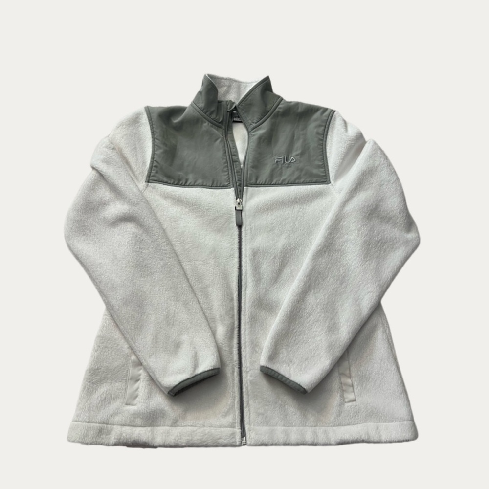 FILA White Gray Colorblock Full Zip Fleece Jacket Size S